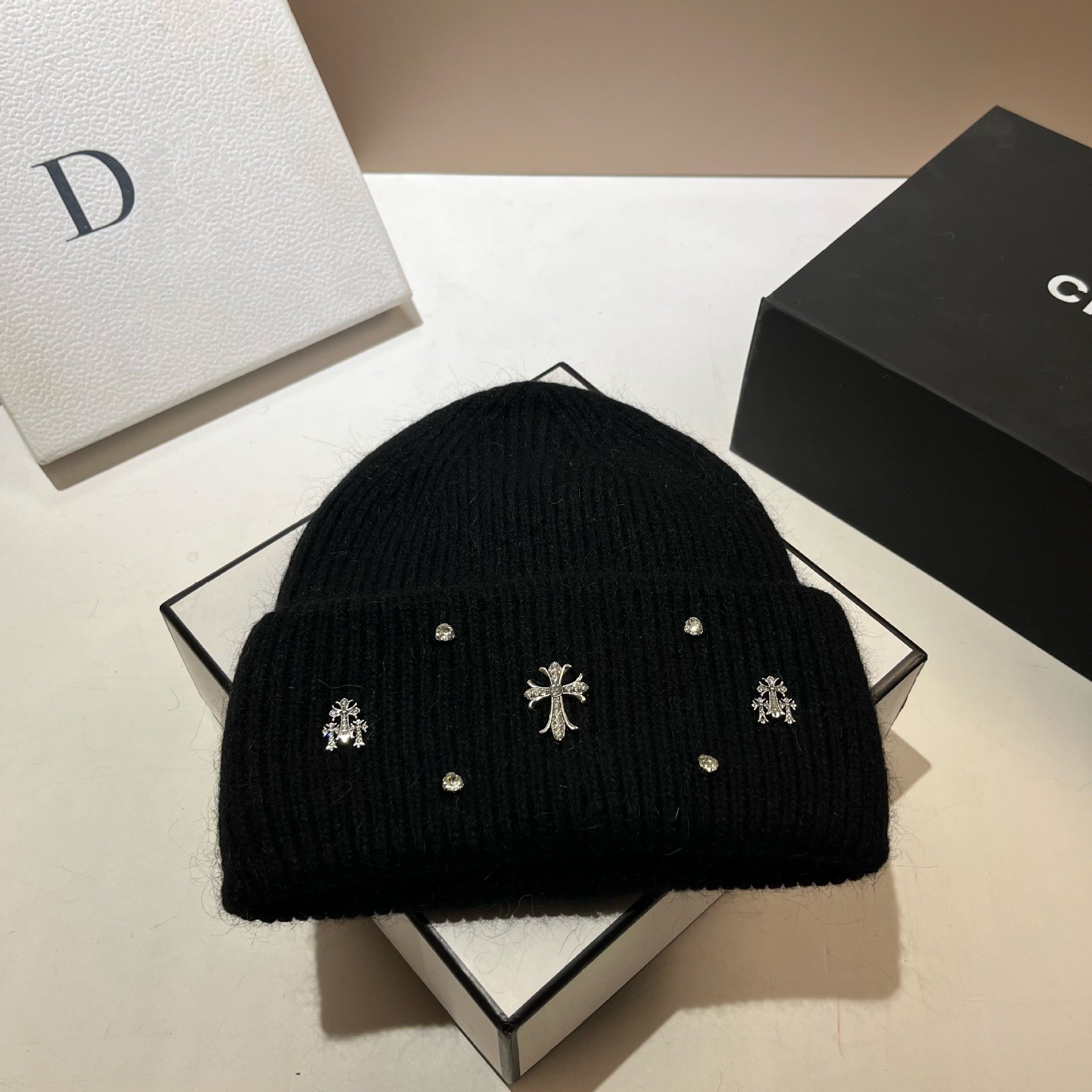 保暖兔毛针织帽双折边毛线帽