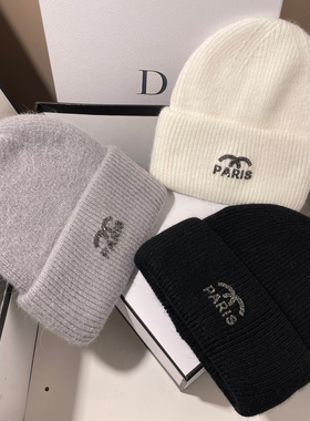 小香风PARIS水钻兔毛针织帽女冬大头围保暖毛线帽滑雪防寒冷帽潮