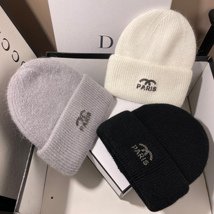 小香风PARIS水钻兔毛针织帽女冬大头围保暖毛线帽滑雪防寒冷帽潮