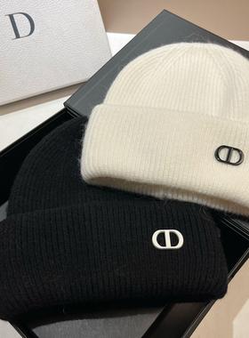 DD字母兔毛帽子女秋冬百搭显脸小毛线帽保暖针织帽大头围护耳冷帽