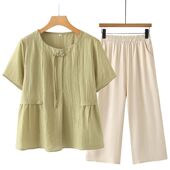 衬衫 中老年女装 遮肚小衫 上衣2025新款 两件套 妈妈夏装 国风短袖