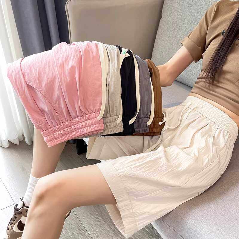 300斤胖mm大码冰丝短裤女夏天薄款宽松高腰外穿运动五分阔腿裤子