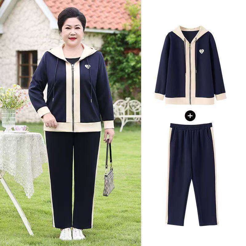 年轻妈妈休闲运动套装新款大码春装连帽外套中年女士卫衣洋气两件