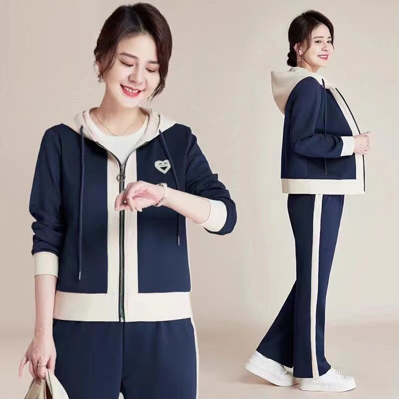 连帽运动服两件套春装新款洋气中老年妈妈开衫外套休闲裤子套装女