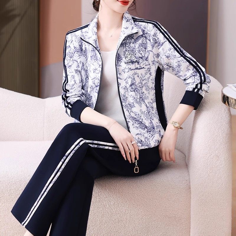 运动服套装中年妈妈2025春秋新款印花外套中老年女两件套百搭气质