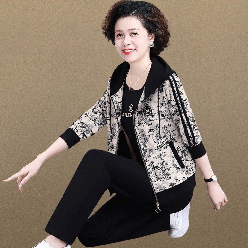 洋气春秋季连帽裤套装女中年妈妈休闲运动服拉链卫衣外套两件套潮