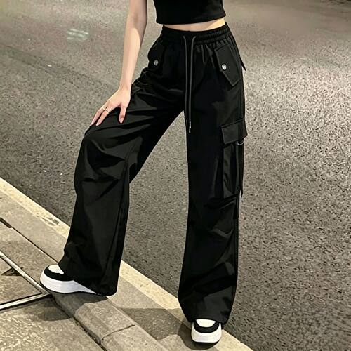 黑色宽松工装裤女款2026春秋新款高腰直筒美式复古休闲登山阔腿裤