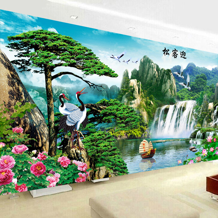 手工DIY钻石画满钻方钻钻石绣粘贴画迎客松流水生财山水瀑布风景