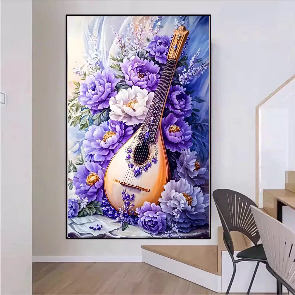 2026新款DIY树脂方钻满钻钻石画钻石绣带钻紫色牡丹花琵琶玄关