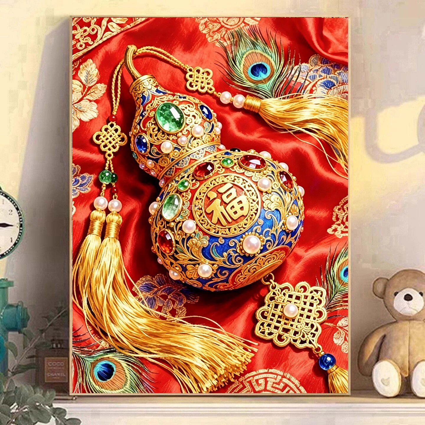 新中式DIY树脂方钻满钻钻石画红丝绸中国结宝石葫芦粘贴钻钻石绣