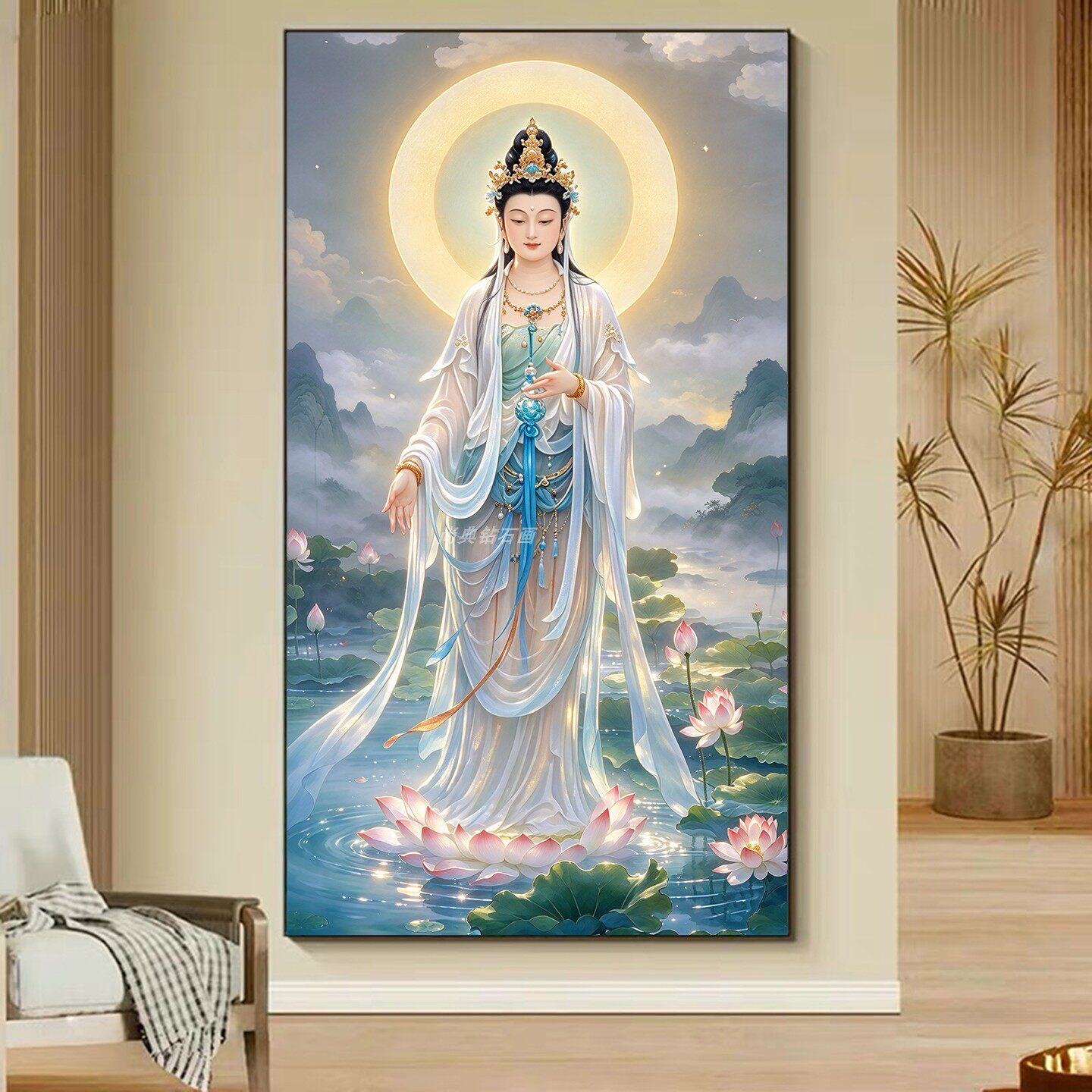 新中式高端树脂方钻满钻钻石画荷花光环观音菩萨玄关粘贴钻钻石绣