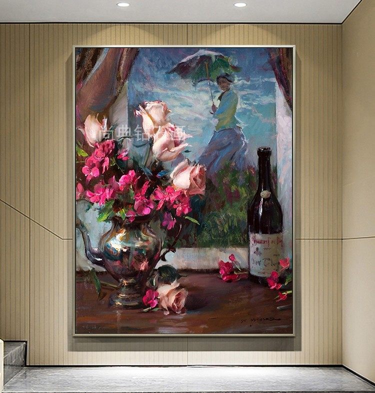 欧式餐厅diy钻石画桌上玫瑰花
