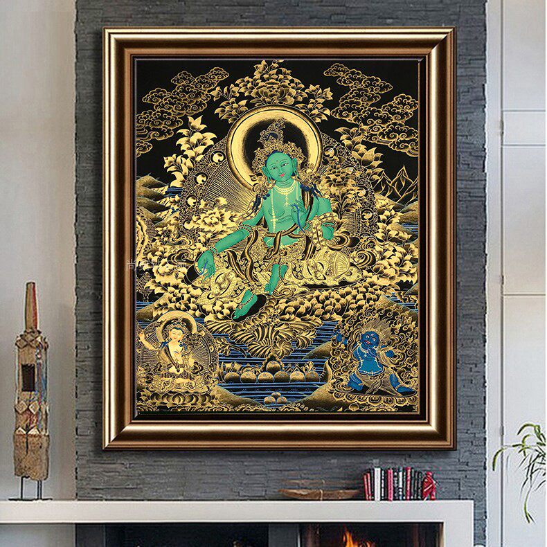 新款DIY方钻满贴钻钻石画印花十字绣客厅玄关国潮黑金绿度母唐卡