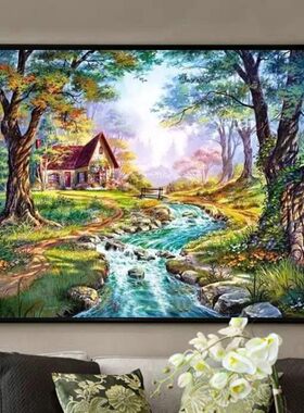 欧式风景客厅DIY方钻满钻钻石画山间流水大树小屋贴钻十字绣带钻