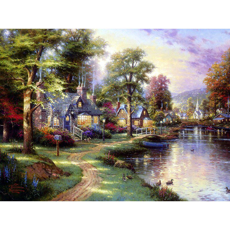 DIY方钻满钻钻石画世界名画托马斯油画花园小屋手工粘贴钻十字绣