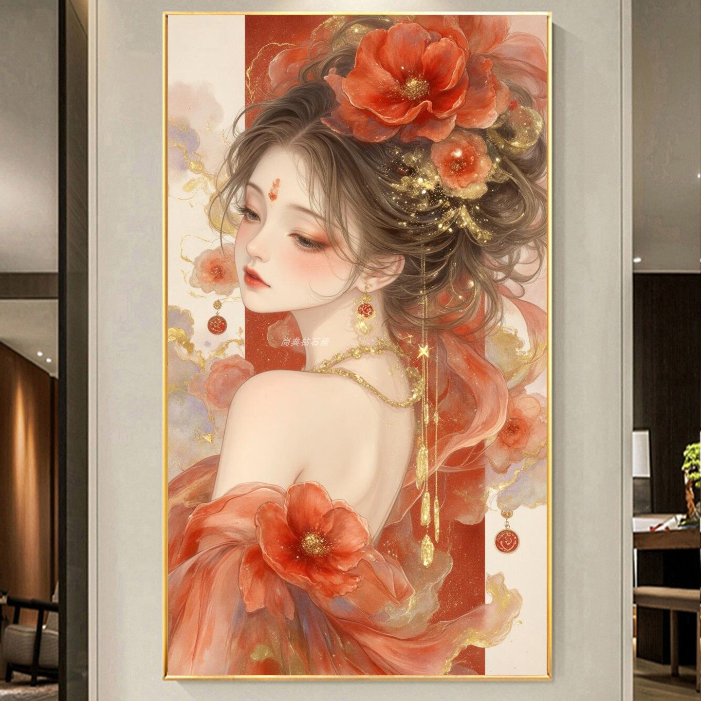 新款DIY手工贴钻方钻满钻石画砖石绣红色头花箔金古风美女侧背影,居家布艺,钻石绣,淘宝优惠券,粉丝福利购,淘宝优惠卷