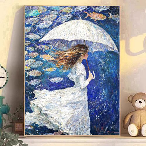 高颜值DIY方钻满钻钻石画手工贴钻钻石绣海水云群白裙白伞少女