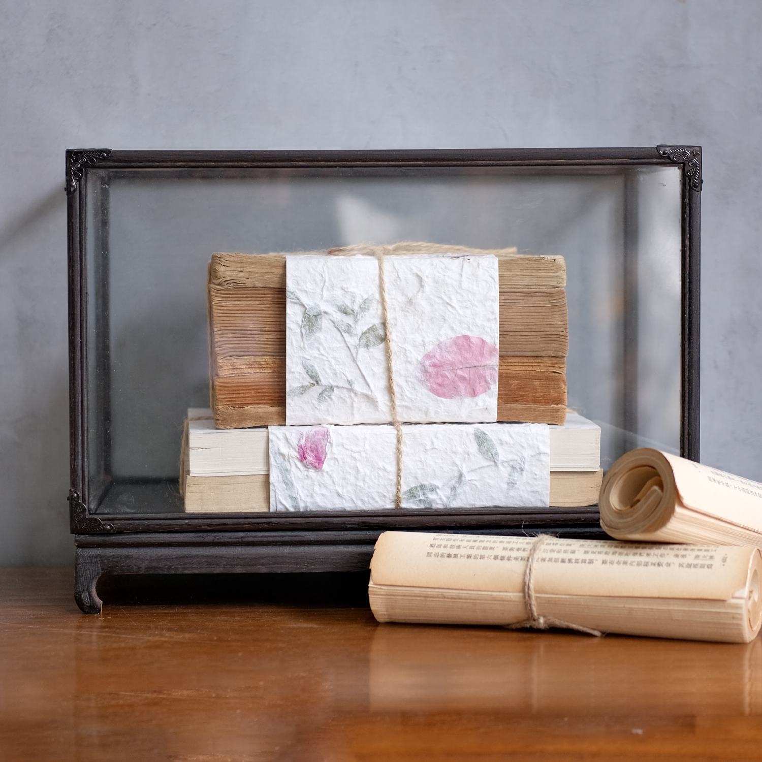 新中式复古土纸麻绳书捆块摆件样板间书房茶室桌面展示柜软装饰品