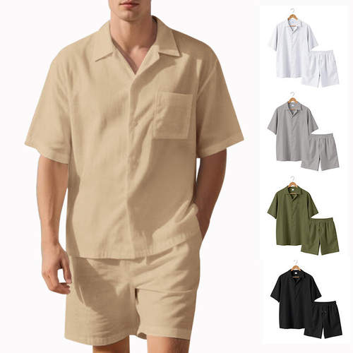 跨境独立站美式夏季男士宽松休闲潮流沙滩翻领短袖衬衫短裤套装男