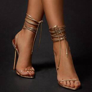 woman 欧美金色时装 凉鞋 脚环绑带细跟凉靴外贸女鞋 sandals heels