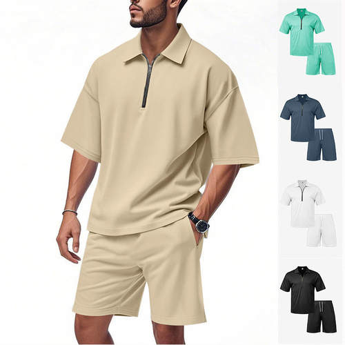 跨境独立站夏季男士宽松翻领嘻哈拉链POLO高街休闲短袖短裤两件套
