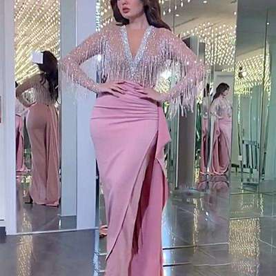 2020欧美外贸女装新亚马逊独立站长袖烫金流苏连衣裙礼服婚纱