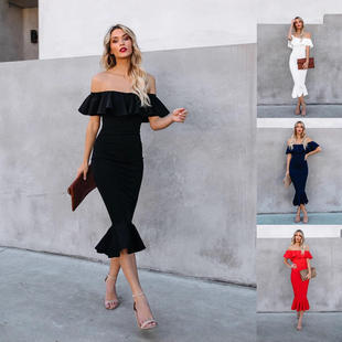 新亚马逊荷叶边一字肩晚礼服婚纱 欧美外贸女装 新款 2020秋冬季