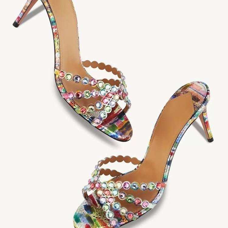 新款高定2025年水钻扣带透明凉鞋法式性感高跟外穿仙女风拖鞋欧美