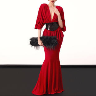 显瘦深V 长裙修身 领鱼尾裙女 2026春气质优雅复古风束腰五分袖 新款