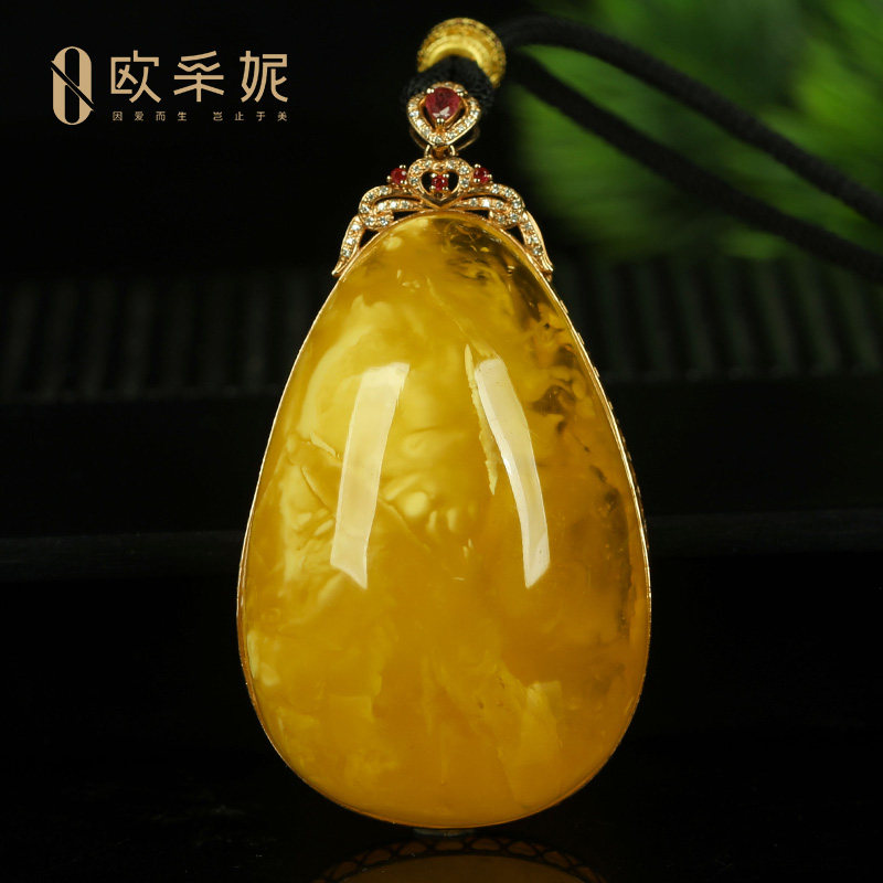 蜜蜡吊坠【珍藏品水滴】18k金镶天然白花蜜波罗的海琥珀挂链孤品