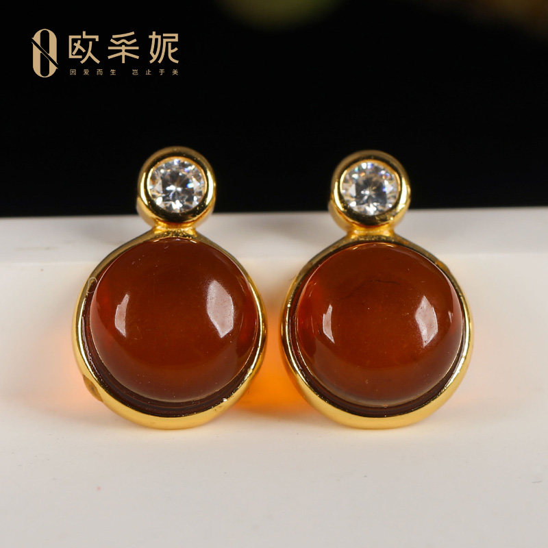 欧采妮血珀戒指耳钉套装天然琥珀s925银镶蛋面开口戒指耳饰送老婆