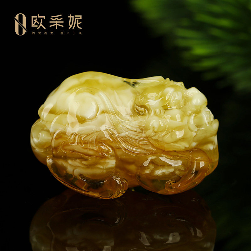 蜜蜡吊坠【珍藏孤品貔貅】天然原石琥珀白妖花满蜜毛衣挂链俄料