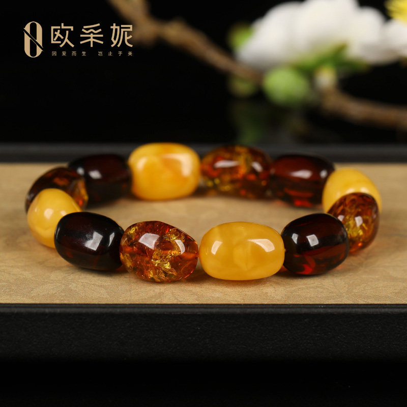 欧采妮天然蜜蜡琥珀多宝手串