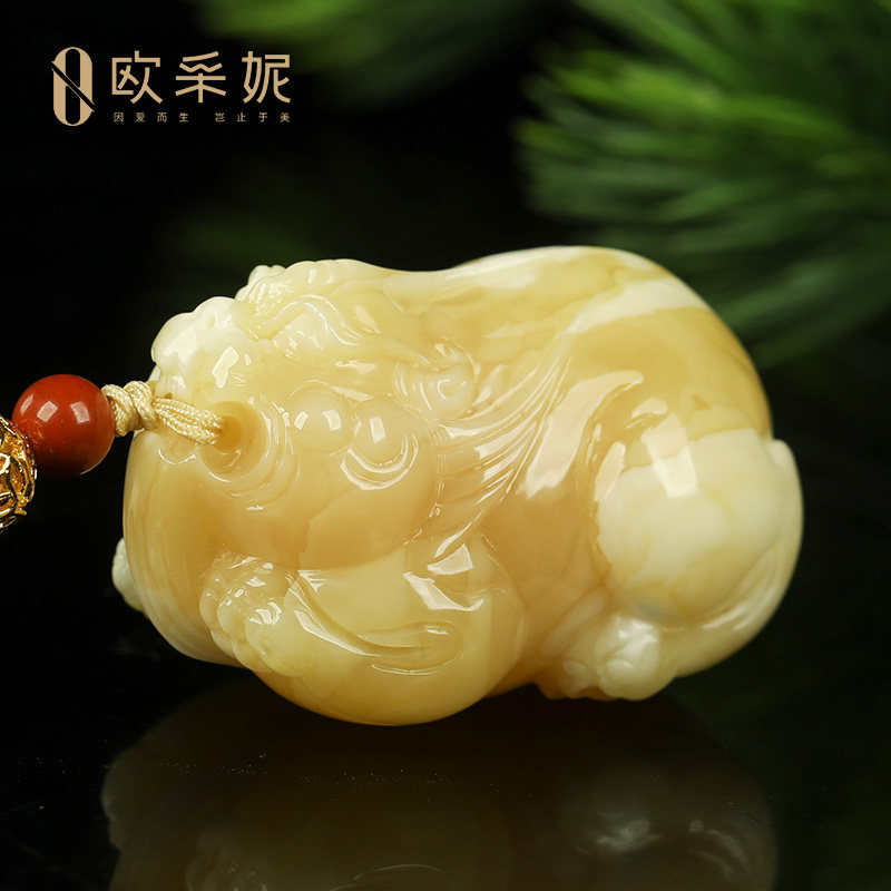 欧采妮蜜蜡吊坠【珍藏白妖花貔貅】天然琥珀白花蜡新满蜜俄料孤品