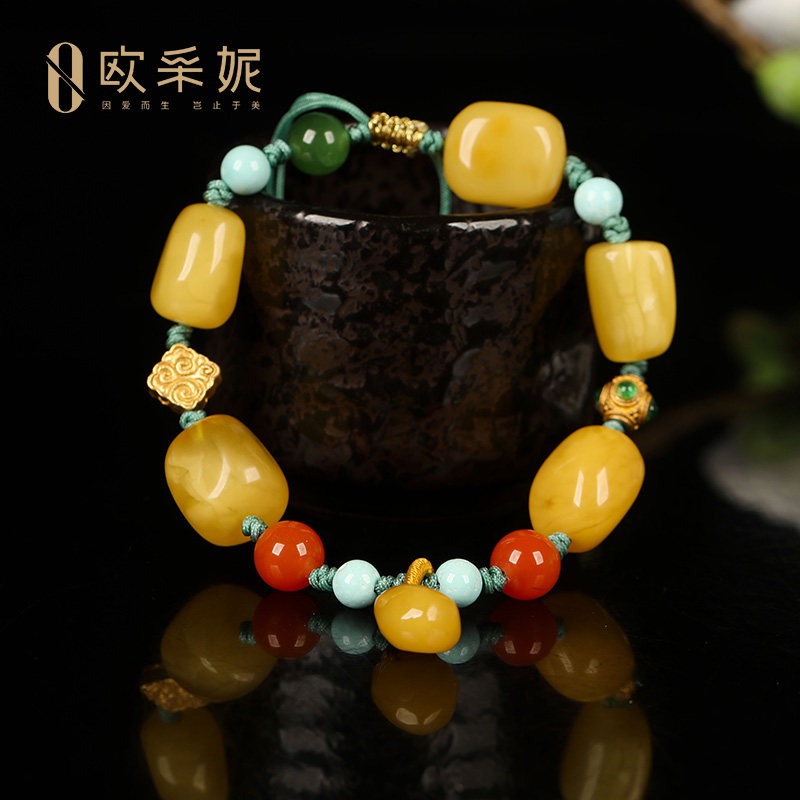 欧采妮蜜蜡手串天然琥珀随型单圈绿松南红蜜蜡小福袋多宝手链礼物