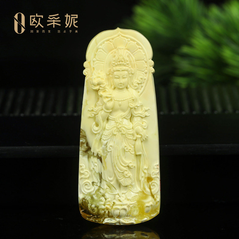 蜜蜡吊坠【金瓷白观音】天然琥珀大师雕刻白花满蜜蜡文玩挂坠俄料