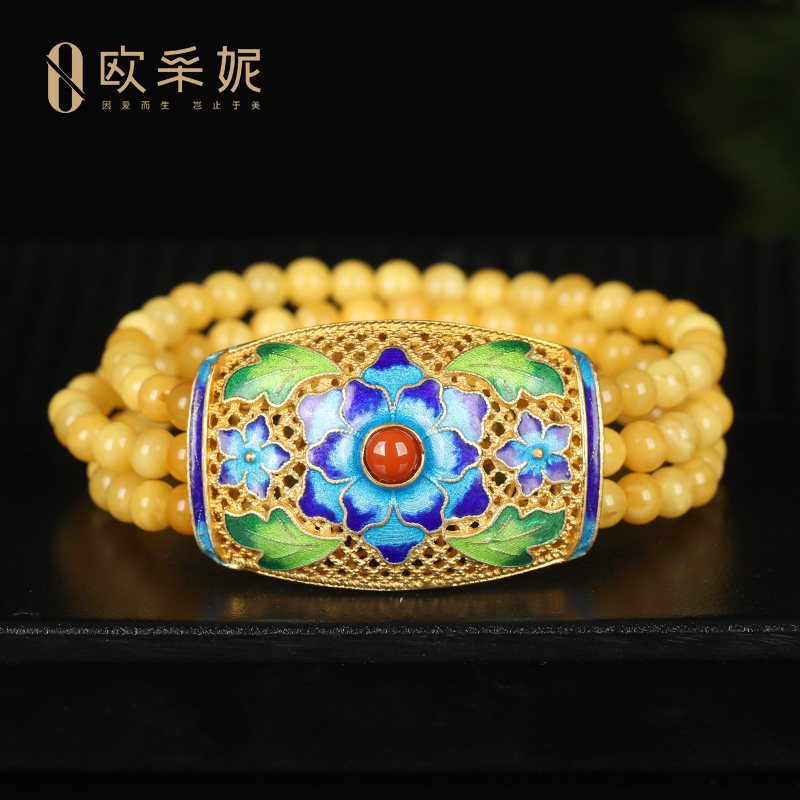 蜜蜡手串天然琥珀原石掐丝珐琅蜜蜡三圈手链天然无优化新蜜送礼物