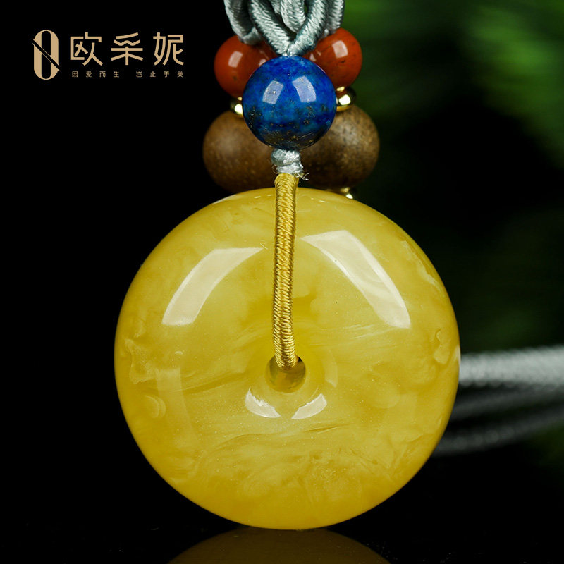 蜜蜡吊坠【珍藏孤品平安扣】天然琥珀原石满蜜鸡油黄项链挂坠俄料