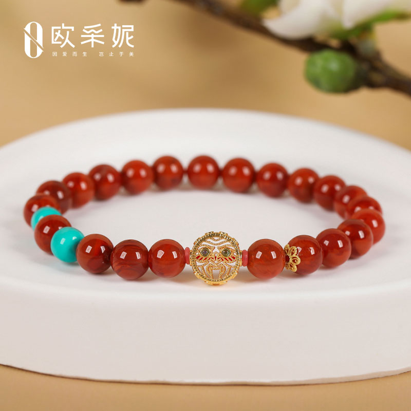 欧采妮南红手串天然凉山18k金扎基拉姆牛血红玛瑙绿松桶珠diy手链