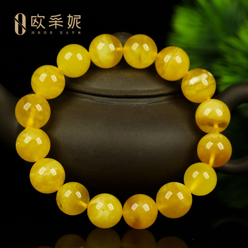 蜜蜡手串【一物一证一图孤品】天然琥珀圆珠满密无优化鸡油黄手链