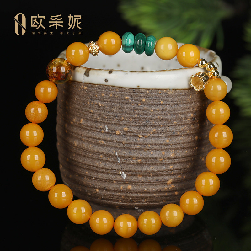 蜜蜡手串天然鸡油黄原石琥珀配花珀银饰挂坠手链女款俄料波罗的海