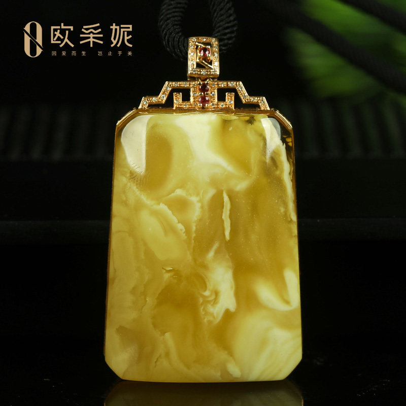 蜜蜡吊坠【珍藏无事牌】18k金镶天然白花蜜波罗的海琥珀挂链孤品