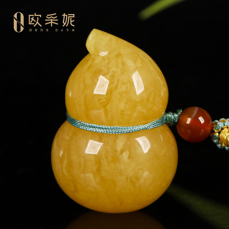 欧采妮蜜蜡吊坠【焦皮葫芦孤品】天然原矿琥珀鸡油黄满蜜俄料挂坠