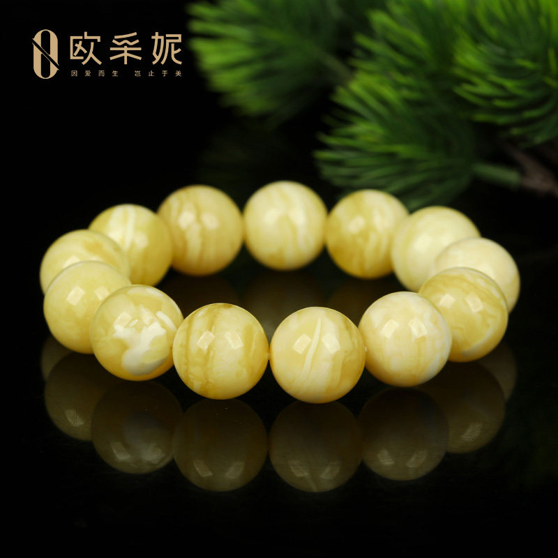 欧采妮蜜蜡手串【一物一图孤品白花虎皮】天然琥珀满蜜手链俄料