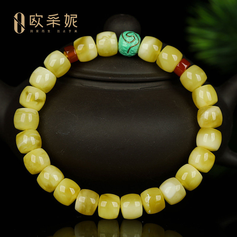 蜜蜡手串天然琥珀无优化白花满蜜老形桶珠配祥云南红文玩手链俄料