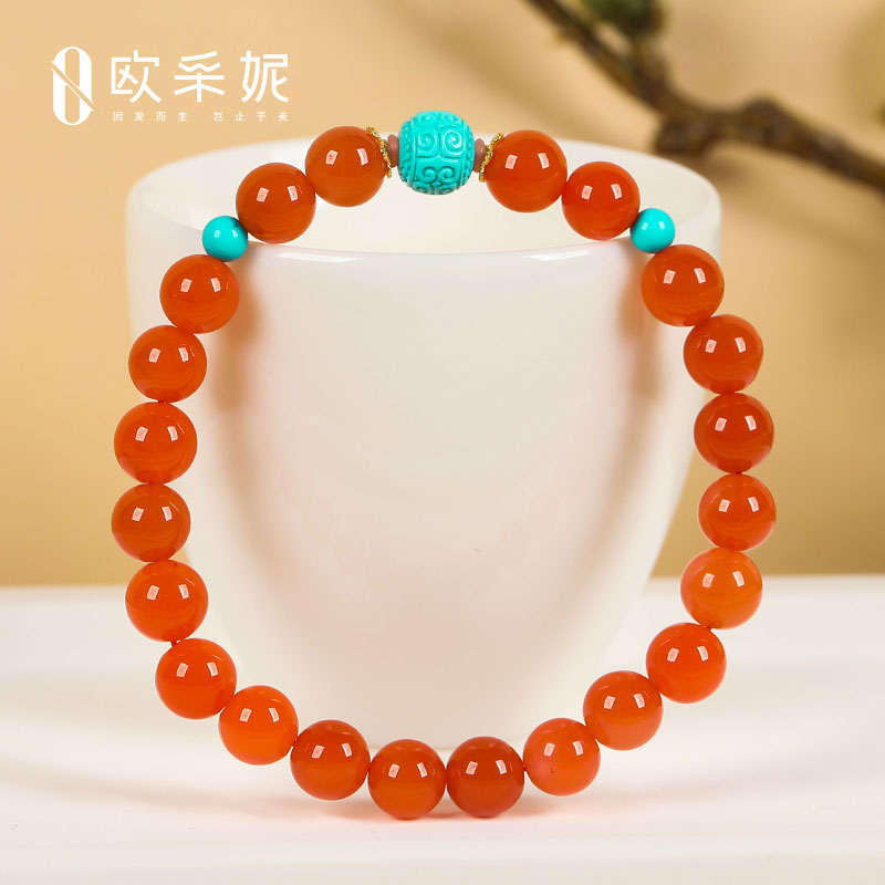 欧采妮南红手串天然凉山冰底樱桃红玛瑙手链绿松回纹珠多宝手链