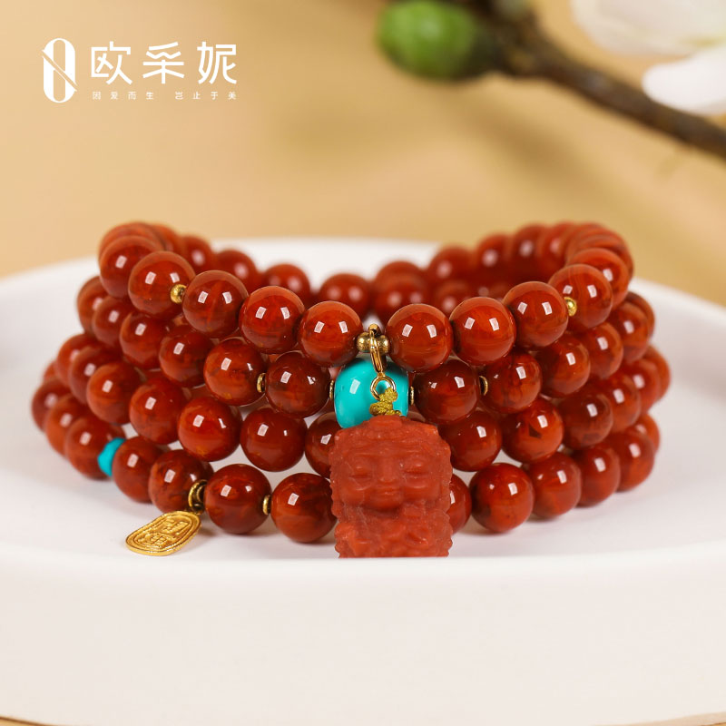欧采妮南红手串天然凉山18k金福牌度母牛血红玛瑙绿松diy多圈手链