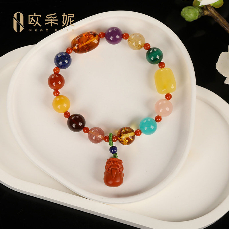 南红花珀老蜜貔貅多宝手串