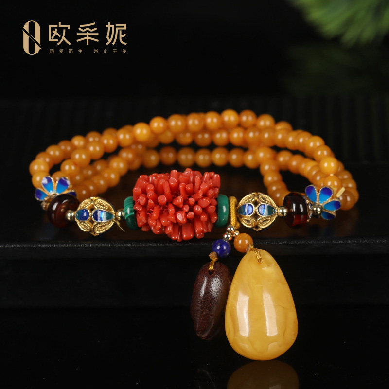 蜜蜡手串天然琥珀原石老蜡琥珀掐丝珐琅血珀青金石女款送妈妈礼物