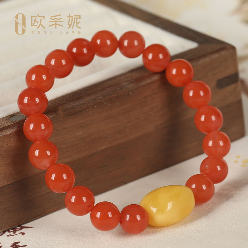 欧采妮南红玛瑙手串天然满肉樱桃红多宝手链配随型蜜蜡挂饰